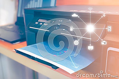 Printer with icon function of printer in home office background. Technology of printer concept Stock Photo