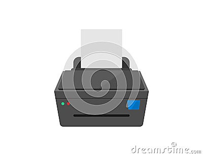 Printer icon. Printout machine with paper document. Laser scanner and printer. Ink printing device. Isolated office tool. Copy and Vector Illustration