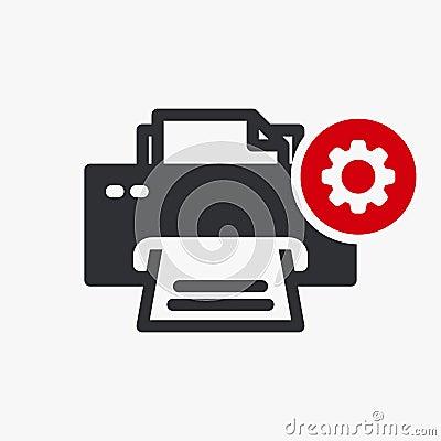 Printer icon, technology icon with settings sign. Printer icon and customize, setup, manage, process symbol Vector Illustration