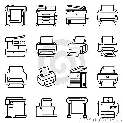 Printer icons set, outline style Vector Illustration