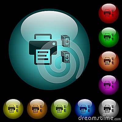 Printer and ink cartridges icons in color illuminated glass buttons Stock Photo