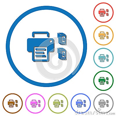 Printer and ink cartridges icons with shadows and outlines Vector Illustration