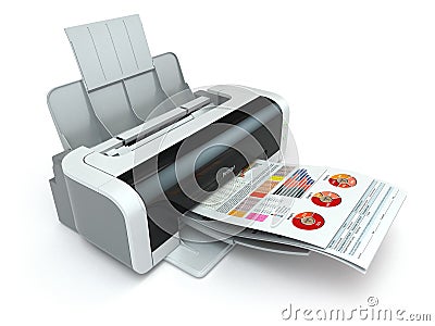 Printer prints business report on white background. Stock Photo