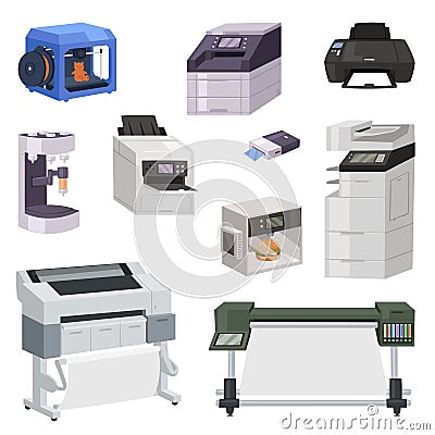 Printer vector print machine technology office equipment printing on paper illustration isometric set of digital laser Vector Illustration