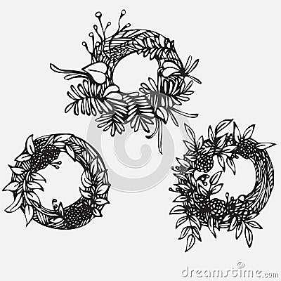 PrintHand drawn illustration. Vintage decorative lovely set of laurels, branches and wreaths. Doodle Greek ancient wreath, with la Cartoon Illustration