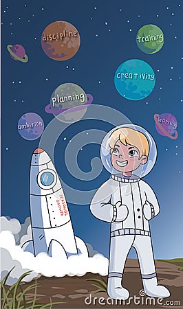 PrintHappy inspired young astronaut in a personal growth concept standing in a space suit in front of a rocket below Vector Illustration