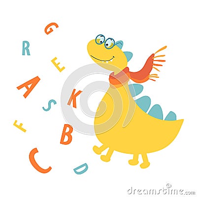 Printing of children`s cards, Souvenirs, children`s fashion. Vector illustration. Dinosaur scientist with glasses is in a good moo Vector Illustration