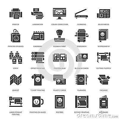 Printing house flat glyph icons. Print shop equipment - printer, scanner, offset machine, plotter, brochure, rubber Vector Illustration