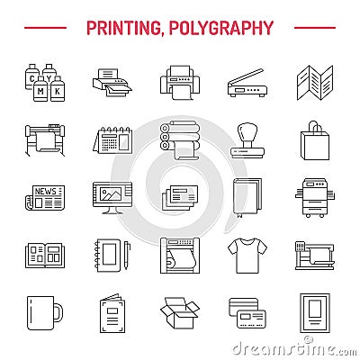 Printing house flat line icons. Print shop equipment - printer, scanner, offset machine, plotter, brochure, rubber stamp Vector Illustration