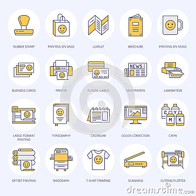 Printing house flat line icons. Print shop equipment - printer, scanner, offset machine, plotter, brochure, rubber stamp Vector Illustration