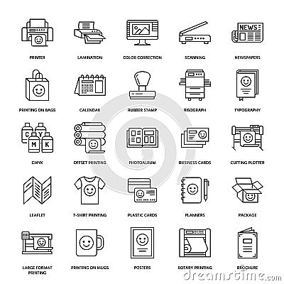 Printing house flat line icons. Print shop equipment - printer, scanner, offset machine, plotter, brochure, rubber stamp Vector Illustration