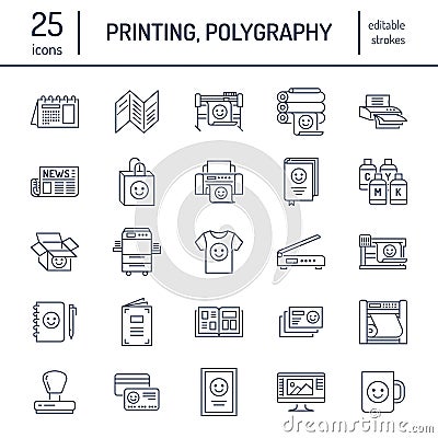 Printing house flat line icons. Print shop equipment - printer, scanner, offset machine, plotter, brochure, rubber stamp Vector Illustration