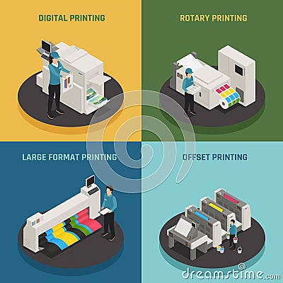 Printing House 4 Isometric Icons Vector Illustration