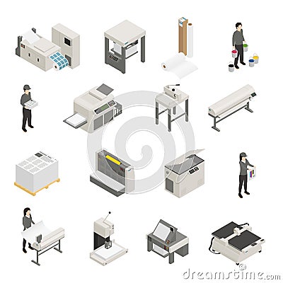 Printing House Isometric Icons Set Vector Illustration