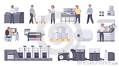 Printing House Polygraphy Cartoon Icon Set Vector Illustration