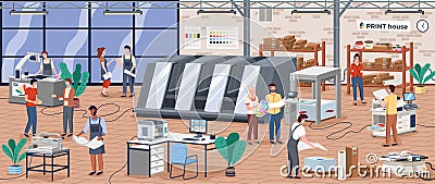 Printing house polygraphy industry isometric composition with human characters Vector Illustration