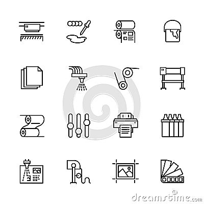 Printing house simple icon set. Contains such symbols printer, scanner, offset machine, plotter, brochure, rubber stamp Vector Illustration