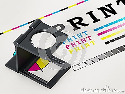 Printing loupe standing on colour test paper. 3D illustration Cartoon Illustration