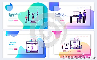 Printing Machine Create Object Website Landing Page. Engineers Working with Three Dimensional Printer Making Woman Vector Illustration