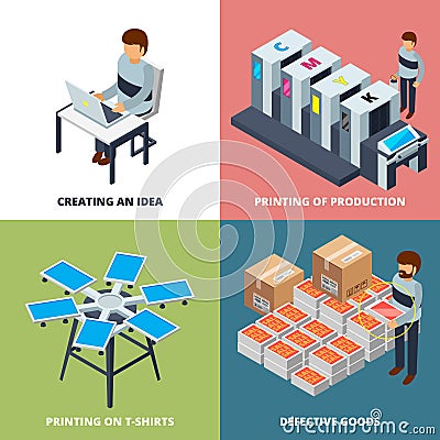 Printing office isometric. Printer laser colored copier plotter offset digital inkjet machines vector 3d pictures Vector Illustration