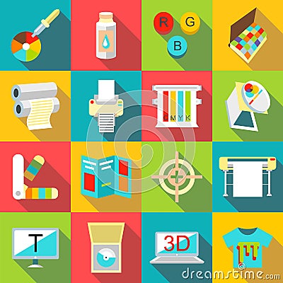 Printing processes icons set, flat style Vector Illustration