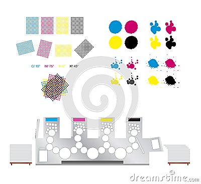 Printing set - printing rosettes, printing machine and cmyk Vector Illustration