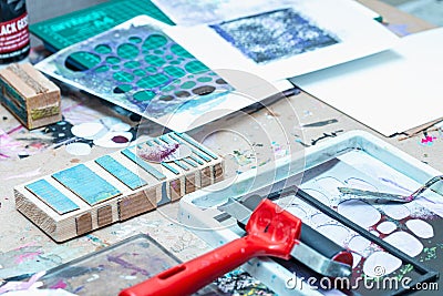 Printmaking Tools and Materials in Studio Stock Photo