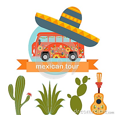 PrintMexican bus tour. Cartoon hippie bus on a cactus background. Vector Illustration