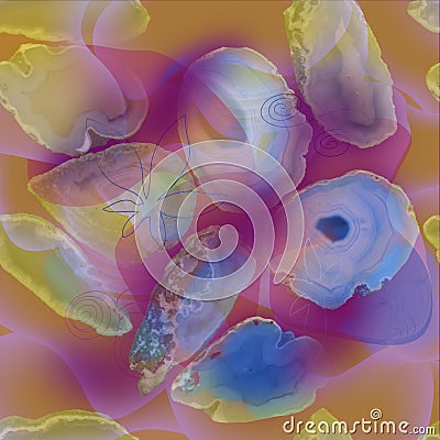 Printpattern of scanned slices of natural agate minerals on a rainbow background Stock Photo