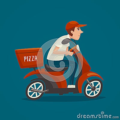 PrintPizza courier, cartoon scooter driver, male boy man character design, fast food delivery, vector illustration Vector Illustration