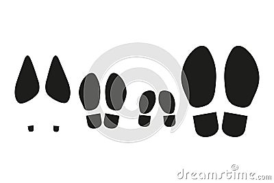 Prints of the soles of a family of four. Set of black icons on white backgroun d. Vector Illustration