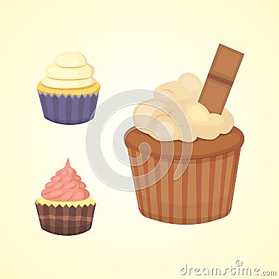PrintSet of cute vector cupcakes and muffins. Colorful cupcake isolated for food poster design. Vector Illustration