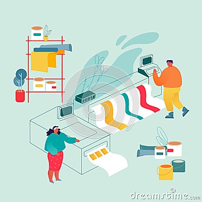 Printshop or Printing Service Center with Man and Woman Working with Widescreen Offset Inkjet Printer Vector Illustration