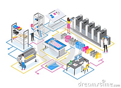 Printshop or printing service center with men and women working with plotters, offset and inkjet printers and other Vector Illustration