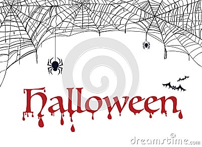 PrintSpiderweb, bat and spider with word halloween. Decoration for party Vector Illustration