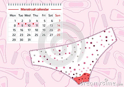 Vector illustration of dirty pants with menstrual blood drops in women monthlies period, soft pad and a calendar. Feminine hy Vector Illustration