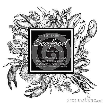 PrintVector vintage seafood restaurant illustration. Hand drawn banner. Vector Illustration