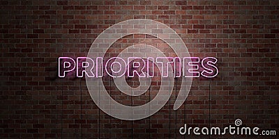 PRIORITIES - fluorescent Neon tube Sign on brickwork - Front view - 3D rendered royalty free stock picture Stock Photo