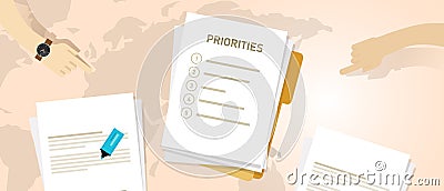 Priority list of priorities important task first prioritize to do action agenda paper folder Vector Illustration