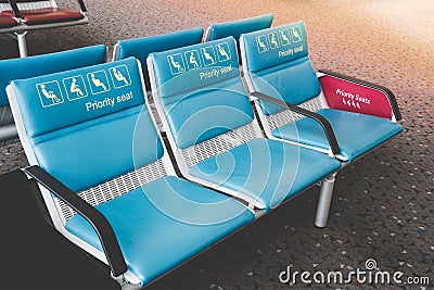 Priority seats in international airport reserved for disability, pregnant, child, senior people and monk. Stock Photo