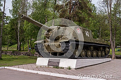 Priozersk, Republic of Karelia, Russia - June 12, 2017: a monument to the heavy self-propelled plant ISU-152. Editorial Stock Photo