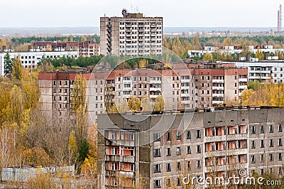 Pripyat city exclusion zone from the high empty abandoned building. Autumn time. Chernobyl, Ukraine Stock Photo