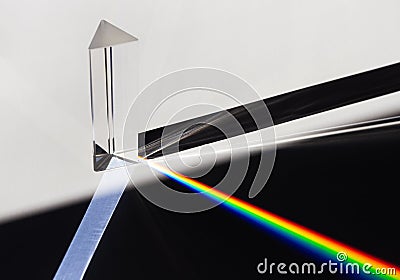 A prism dispersing sunlight splitting into a spectrum on a white background. Stock Photo