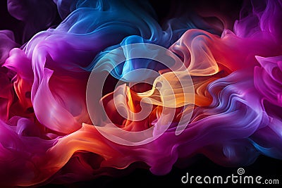 Prismatic smoke backdrop, Colorful hues on black, brick wall, neon light Stock Photo