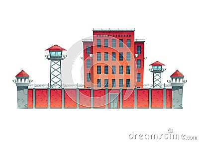 Prison building behind high fence cartoon vector Vector Illustration