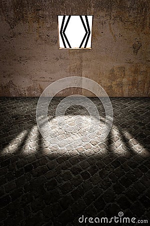 Prison cell. Escape from a penitentiary window. 3d render. Brick floor and concrete wall. Window bars. Detainees and surveillance Stock Photo