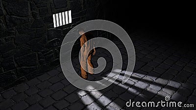 Prison cell, inside a prison cell. Shadows projected on the ground, cell window. Detained in front of a window Stock Photo