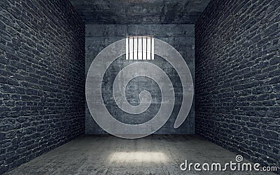 Prison cell with light shining through a barred window Stock Photo