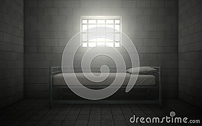 Prison cell with light shining through a barred window. Stock Photo