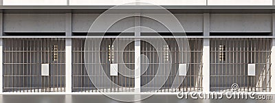 Prison cellblock, jail bar door locked, empty dungeon in a row, front view. Jailhouse. 3d render Stock Photo